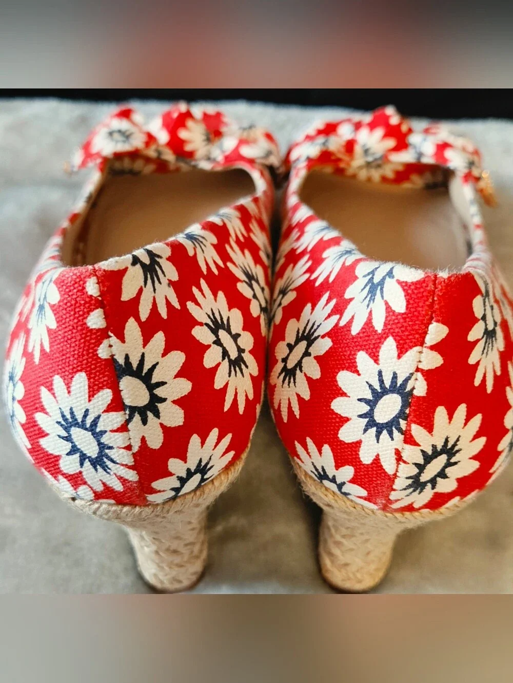 Tory Burch Red Daisy Espadrille Wedges with Navy Centers and Bow